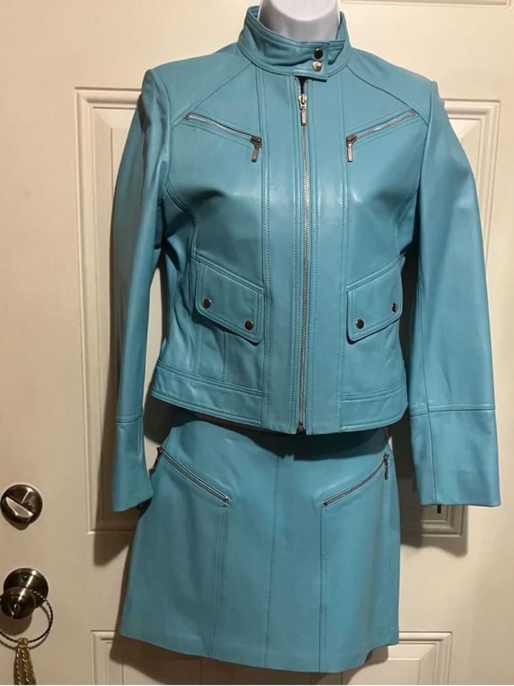 Y2K Cache Turquoise Leather Moto Jacket & Mini Skirt Set | Genuine Leather | - Picture 2 of 12